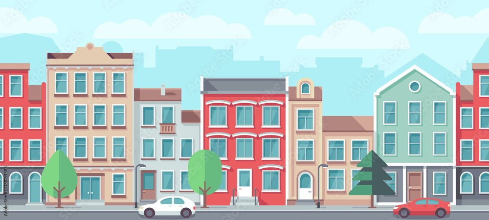 Vector cityscape with old apartment houses. Vector seamless town street