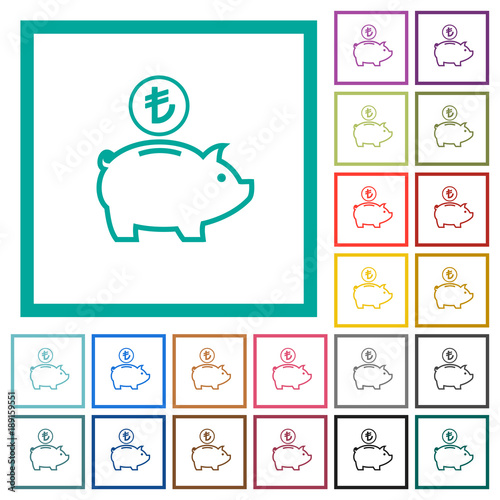 Turkish Lira piggy bank flat color icons with quadrant frames