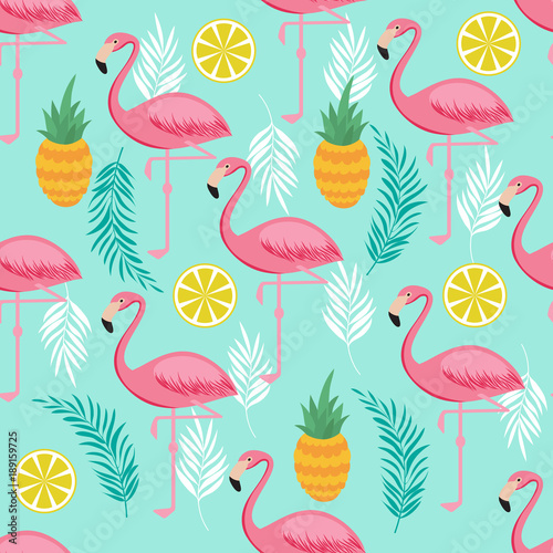 Pink flamingo, pineapples and exotic leaves vector seamless pattern