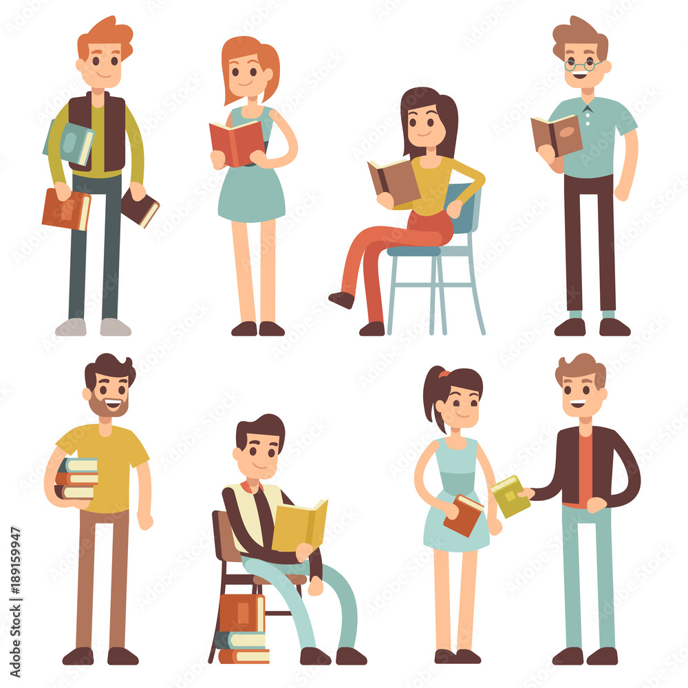 Women and men reading books. People readers vector characters set Women and men reading books. People readers vector characters set