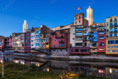 Girona City Riverside Houses At Dusk