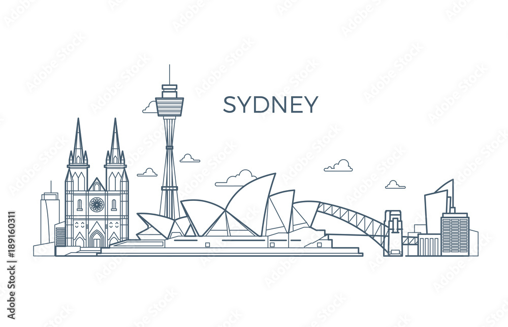 Obraz premium Linia miejska Sydney z ekspozycjami budynków i architektury. Australia świat podróży wektor punkt orientacyjny