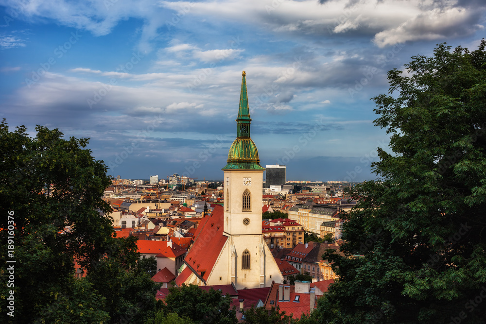 Bratislava City Cityscape at Sunset with St Martin Cathedral in Slovakia
