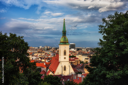 Bratislava City Cityscape at Sunset with St Martin Cathedral in Slovakia