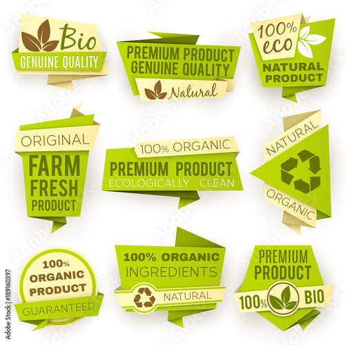 Ecology green origami paper banners. Eco natural organic product sale tags and badges vector set