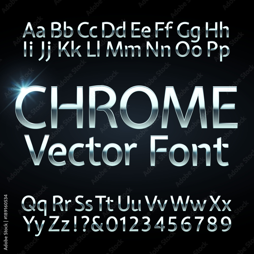 Chrome, steel or silver letters and numbers vector alphabet