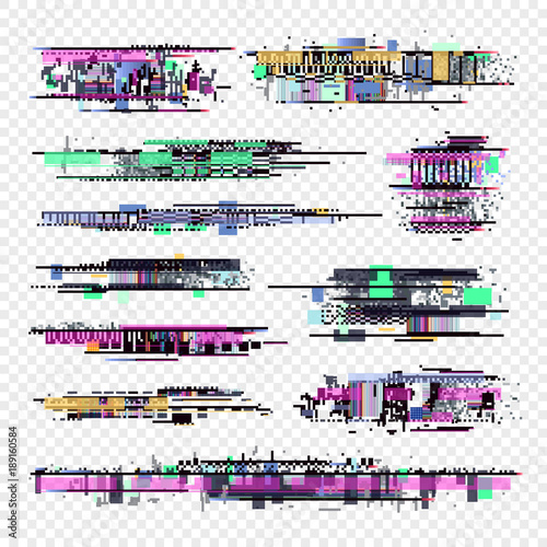 Glitch vector elements. Glitched computer screen digital noise collection