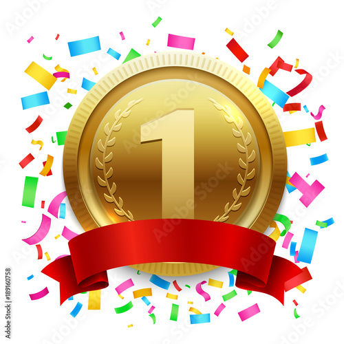 Falling bright confetti and champion gold medal with red ribbon banner isolated on white background