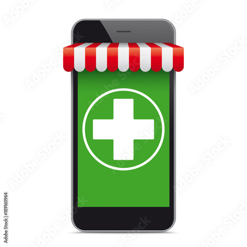 Smartphone mit einer Markise und grünem Apothekensymbol Onlineapotheke