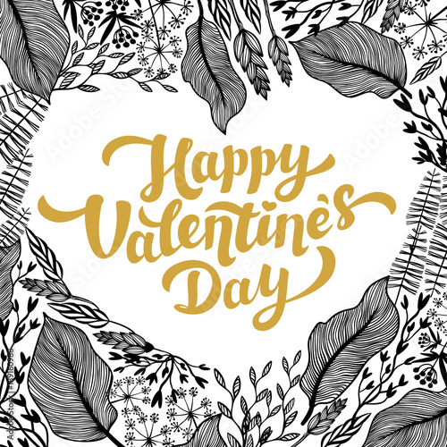 Valentines day card design. Golden Lettering and heart shape Flowers frame.