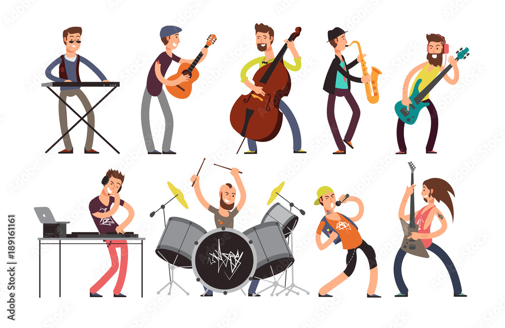 Rock n roll music band vector characters with musical instruments.  Musicians playing music Stock ベクター | Adobe Stock