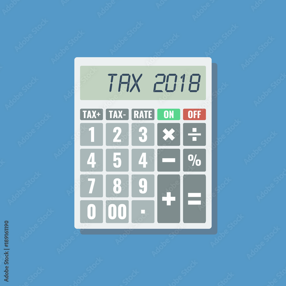 tax 2018 in calculator lcd screen, flat vector illustration Stock
