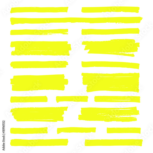 Hand drawn yellow highlight marker lines. Highlighter strokes isolated on white background vector set