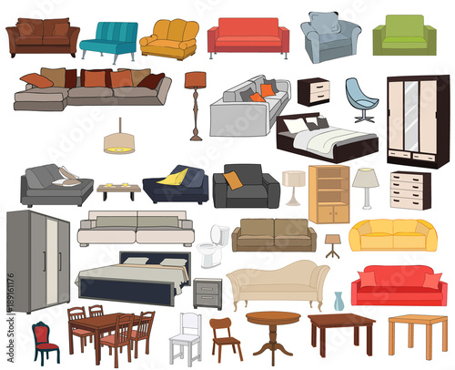 vector, isolated furniture set, sofas, beds, armchairs