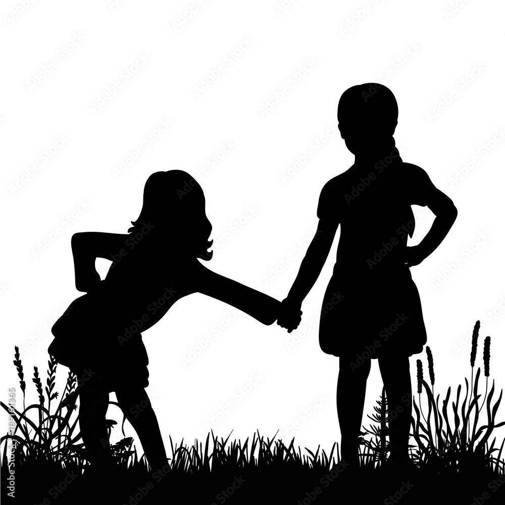 silhouette of little girls playing on grass Stock Vector | Adobe Stock