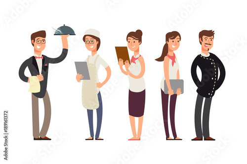 Chefs, sommelier and waitress cartoon characters. Restaurant kitchen team vector concept