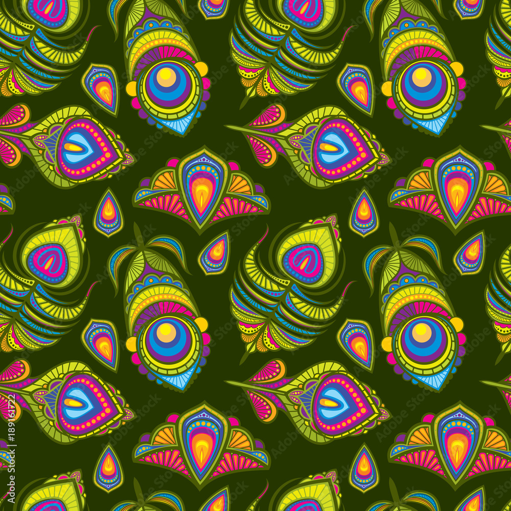 Naklejka premium Peacock bird feathers vector indian traditional seamless pattern