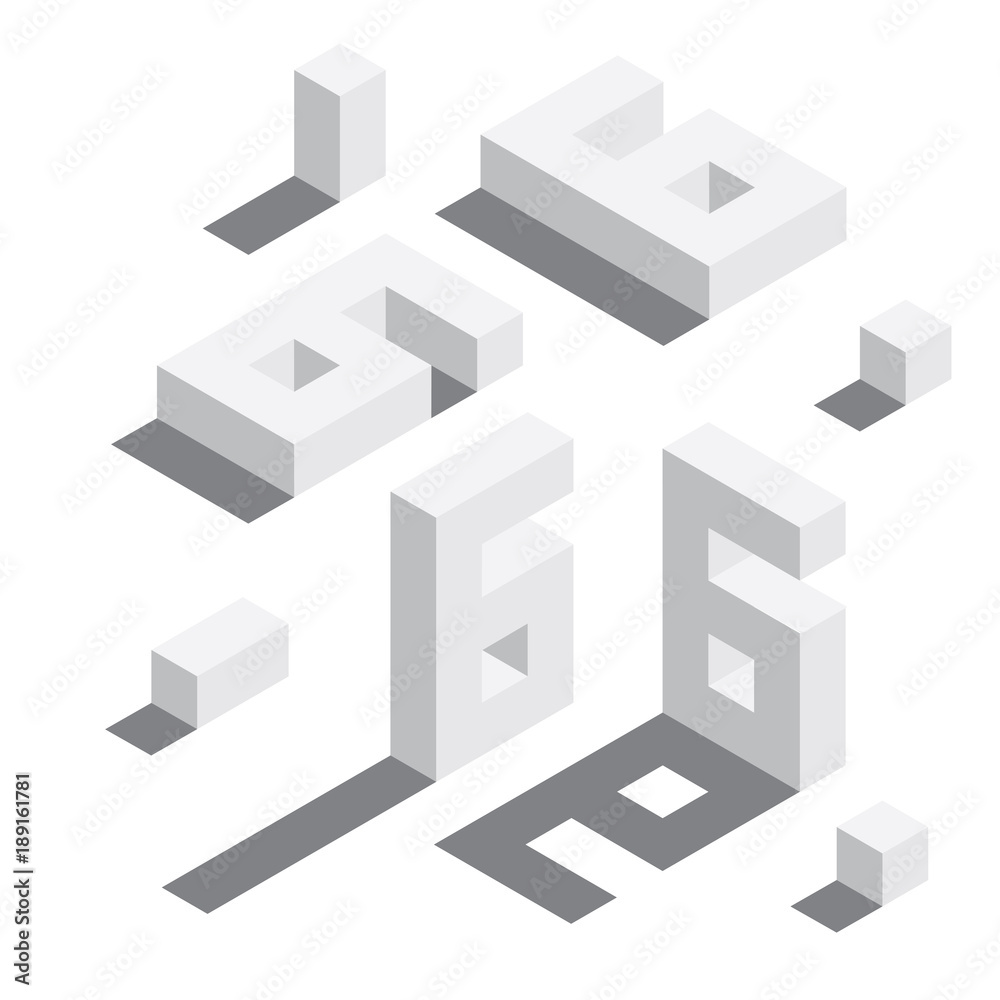 Number 6 in isometric style. White on white digits with shadows. Educational set