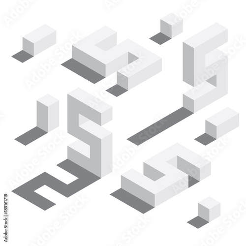 Number 5 in isometric style. White on white digits with shadows. Educational set