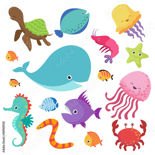 Cartoon childrens aquarium and wild sea fishes vector set