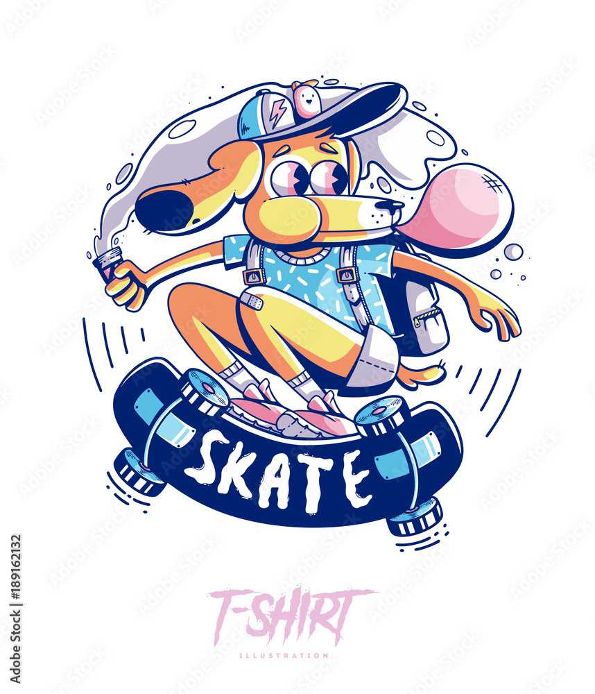 Poster, card or t-shirt print with stylish dog skater. Trendy hipster style illustration Poster, card or t-shirt print with stylish dog skater. Trendy hipster style illustration
