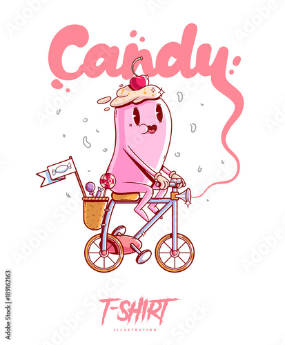 Poster, card or t-shirt print with candy on a bicycle. Trendy hipster style illustration