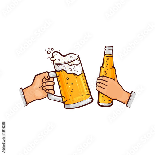 vector cartoon man hands holding full mug of golden lager cool beer with thick white foam and bottle of beer toasting. Ready for your design isolated illustration on a white background.