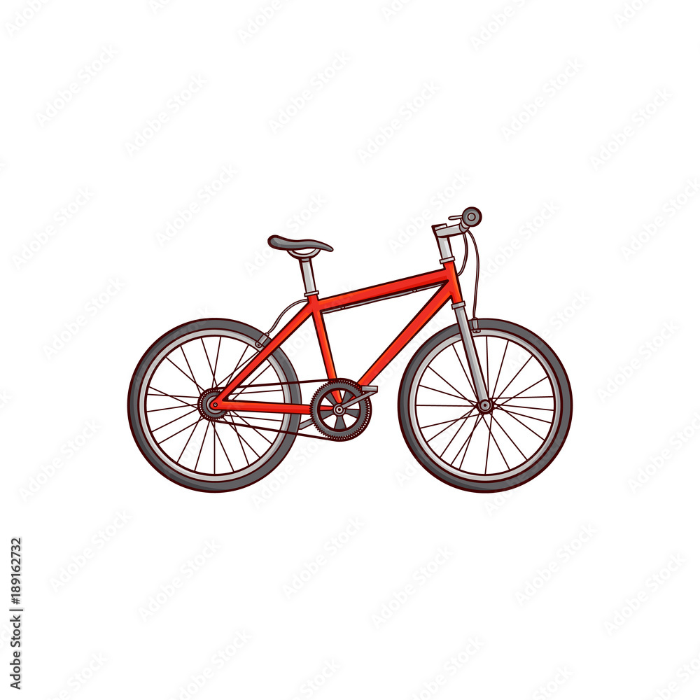 Vector flat sketch detailed modern bicycle, red mountain bike. Sport equipment object. graphic design or web design element. Isolated illustration on a white background