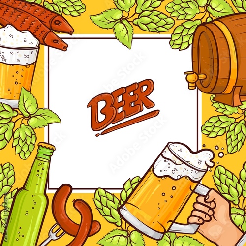 Vector cartoon beer symbols icon poster template. man hands holding thin , big mugs of golden lager cool beer with thick foam, bottle of beer, green hop cones, leaves, sausages, dried fish isolated