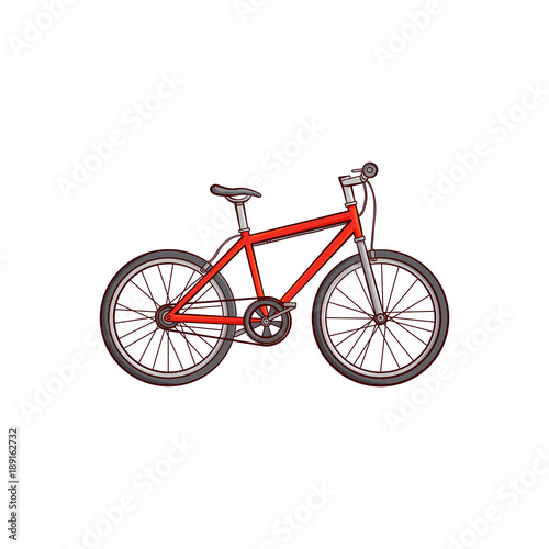 Vector flat sketch detailed modern bicycle, red mountain bike. Sport equipment object. graphic design or web design element. Isolated illustration on a white background