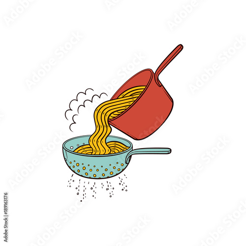 Cooking pasta - when spaghetti is cooked, drain it in colander, hand drawn vector illustration isolated on white background. Putting cooked spaghetti from pan into pasta strainer to drain water