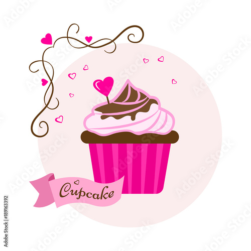 Pink sweet dessert. Festive cupcake with chocolate and heart for Valentine s Day. Vector illustration