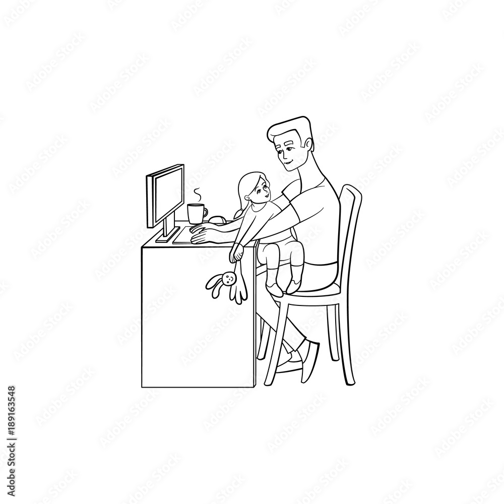 Vector cartoon people working from home, remote, freelance work . Adult man sitting at workplace typing at desktop keyboard with girl child playing with rabbit toy at knees. Monochrome illustration