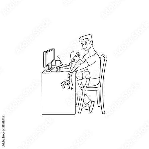 Vector cartoon people working from home, remote, freelance work . Adult man sitting at workplace typing at desktop keyboard with girl child playing with rabbit toy at knees. Monochrome illustration
