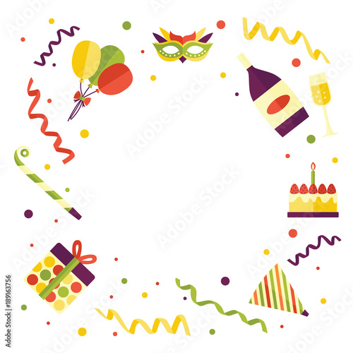 Frame of flat birthday party objects - cake, balloons, present box, champagne, hat, horn, vector illustration isolated on white background. Round frame of birthday party items with empty space inside