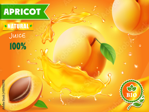 Apricot fruit in juice splash advertising poster