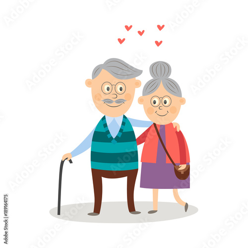 Vector elderly couple in love dating at valentine's day. Cartoon grey-haired characters in casual clothing with cane embrasing expressing care positive emotion. Isolated illustration, white background