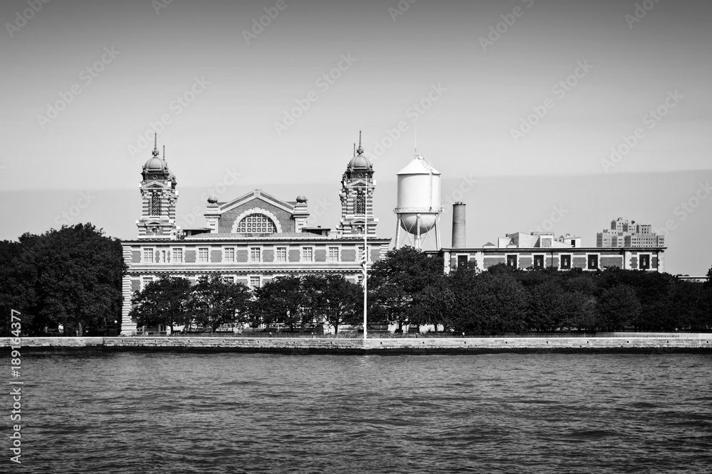 Ellis island in New York City, black and white