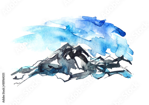 Watercolor drawing with a mountain landscape. The peak of the mountain, the rock, the canyon.  A blue sky, a splash of paint. On white isolated background. Postcard, picture, logo.