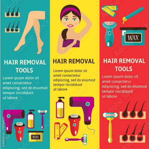 vector flat hair removal banners set. Electric epilator, shaver, shaving razor, waxing strips, hot wax in bowl laser machine, well-groomed woman legs, girl with epilated armpit icons illustration.