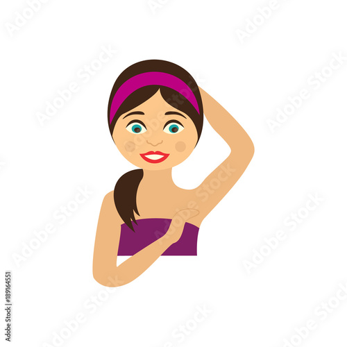 Pretty woman wrapped in towel showing her shaved armpit, depilation, hair removal concept, flat vector illustration isolated on white background. Woman with depilated armpit, underarm after shower