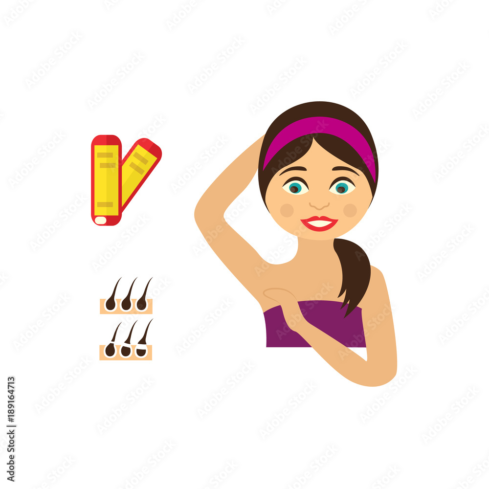 vector flat girl in pink towel showing clean epilated armpit. Hair removal  tools, armpit epilation concept and wax strips, follicle icon. Isolated  illustration on a white background. Stock Vector | Adobe Stock