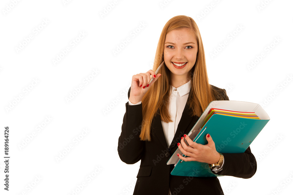 Beautiful business woman holds a folder isolated over white background Beautiful business woman holds a folder isolated over white background