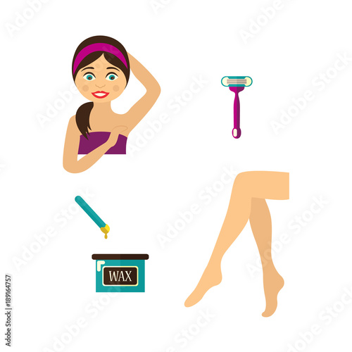 vector flat hair removal tools. Shaving razor, hot wax in bowl, well-groomed woman legs, girl with epilated armpit icons. Isolated illustration on white background.