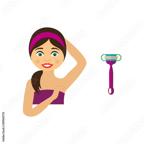 vector flat girl in pink towel showing clean epilated armpit. Hair removal, armpit epilation concept and shave icon. Isolated illustration on a white background.