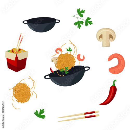 vector flat asian wok symbols set. Udon noodles in paper box, large royal shrimp, chili pepper, sticks, parsley, mushroom, pan. Stir fry eastern fastfood icons for menu design. Isolated illustration