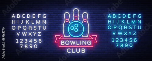 Bowling is a neon sign. Symbol emblem, Neon style logo, Luminous advertising banner, bright billboard, Design template for the Bowling Club, Tournaments. Vector illustration. Editing text neon sign