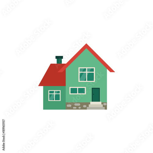 Green two-storied cottage house with red roof and porch, front view vector illustration isolated on white background. Flat style front view picture of cottage house