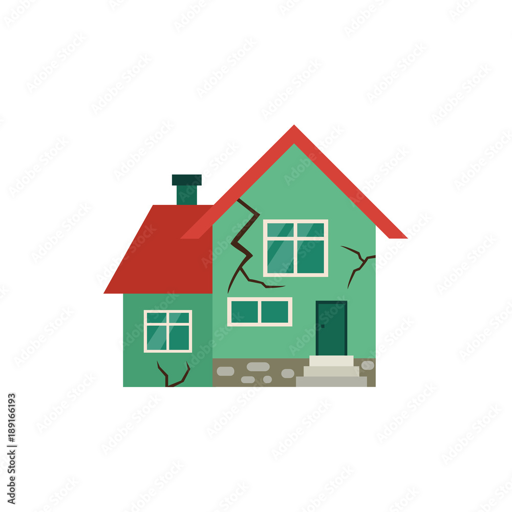 Vector flat house insurance concept. House being damaged by earthquake. Natural disaster insurance scene. Isolated illustration on a white background
