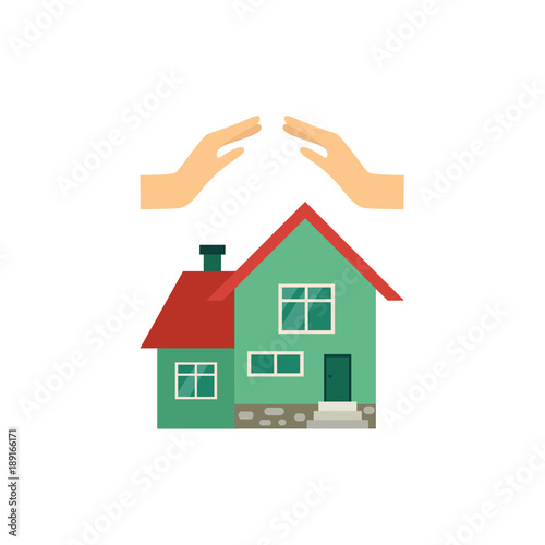 Vector flat house insurance concept. Private house being protecting from disasters by hands making roof. Natural disaster, robbery insurance scenes. Isolated illustration on a white background
